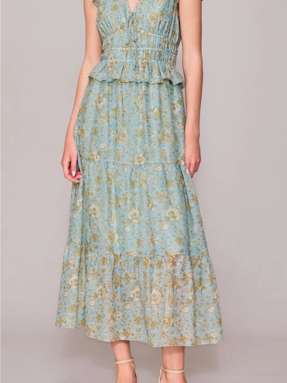 MELLODAY Blue and Sage Floral Maxi Dress Pockets L